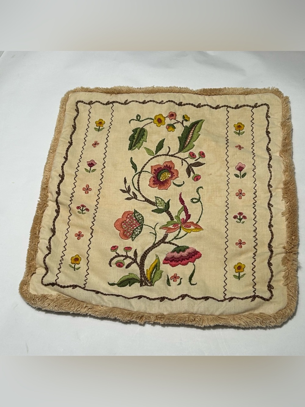 Vintage Crewel Embroidered Small Pillow Case 13X13 Fringe Square‎ Home Decor